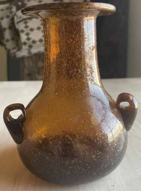 Murano Style Hand Blown Amber Brown Controlled Bubble Art Glass Bud Vase