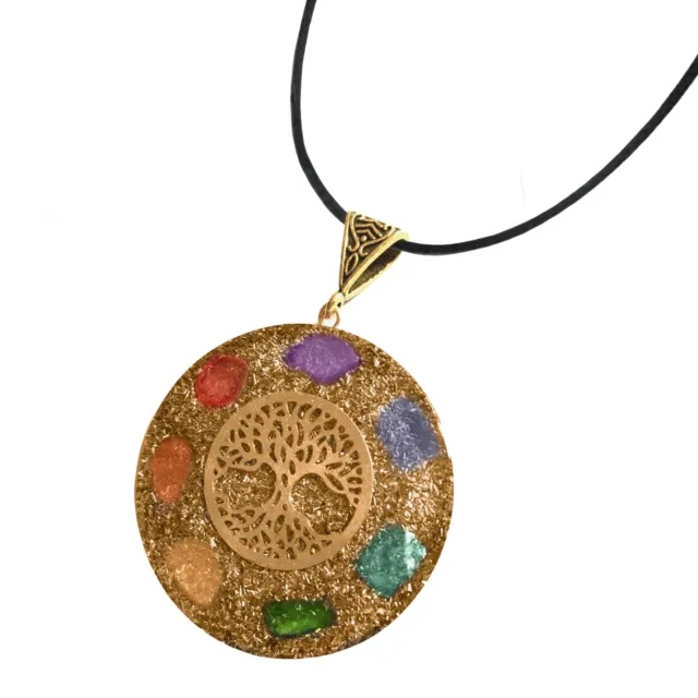 Rainbow 7 Chakra Gemstone Pendant Tree Orgonite Necklace Orgone Sacred Geometry