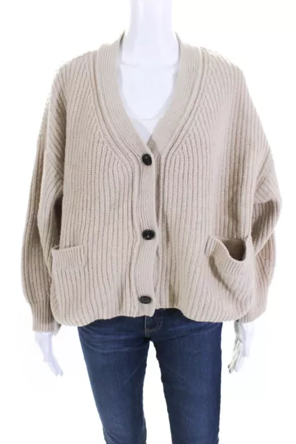 Studio Tomboy Womens Knit V-Neck Button Up Cardigan Sweater Beige Size M