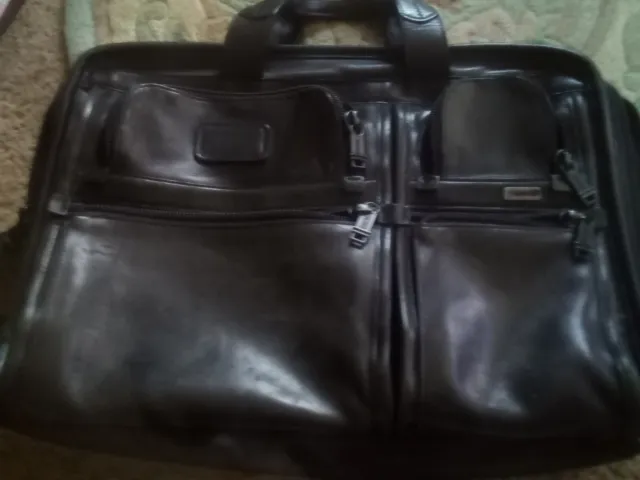 TUMI Alpha 2 Way Black Leather Expandable Briefcase  96114DH Satchel Laptop Bag