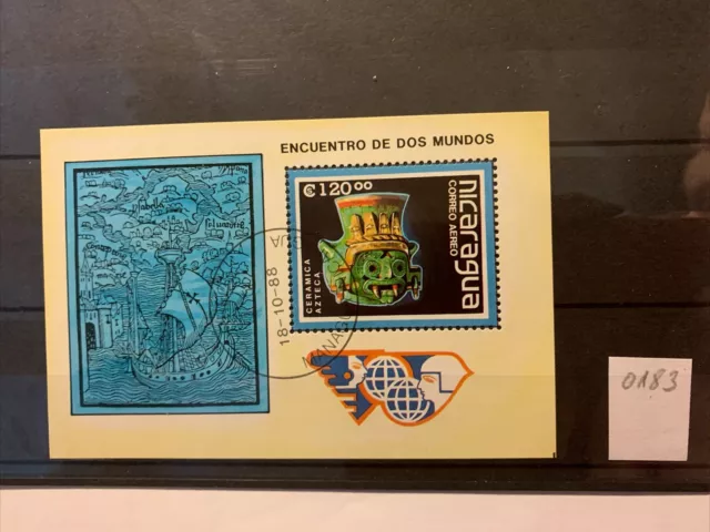 Briefmarkenblock, Nicaragua, Azteken Kunst, gestempelt auf Steckkarte
