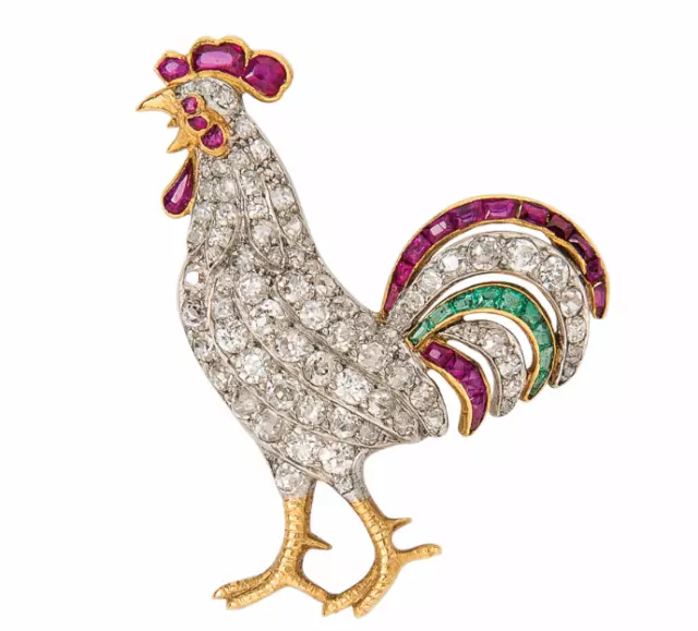 France Vintage Rooster With Old Mine-Cut CZ, Calibre-Cut Ruby & Emerald Brooch