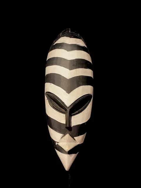 African Tribal Face Mask Wood Hand Carved Vintage Wall Hanging Zebra Motif-4731