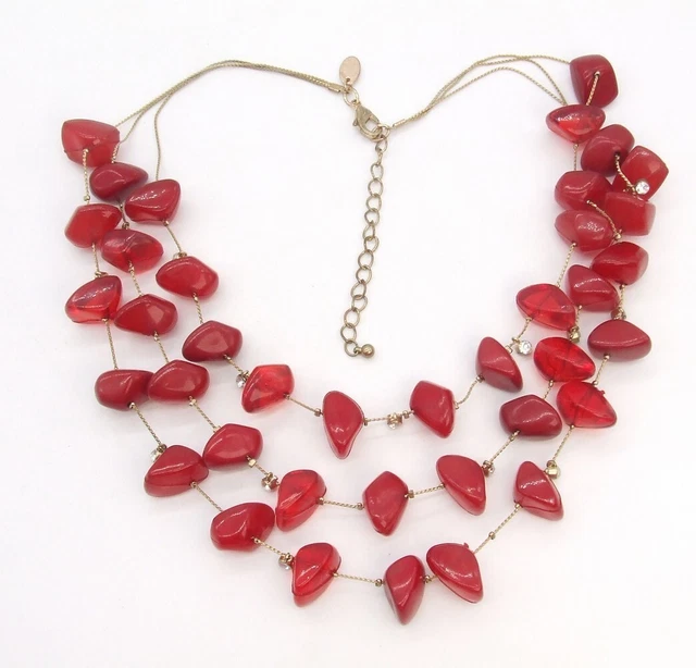 16" CHARMING CHARLIE Gold-T Multi-strand Crystal/Red Lucite Bead Choker Necklace