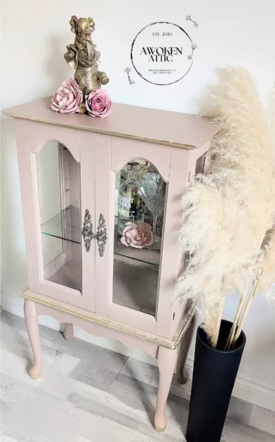 Vintage Drinks Cabinet, glass cabinet, Queen Anne style, painted pink and gold.