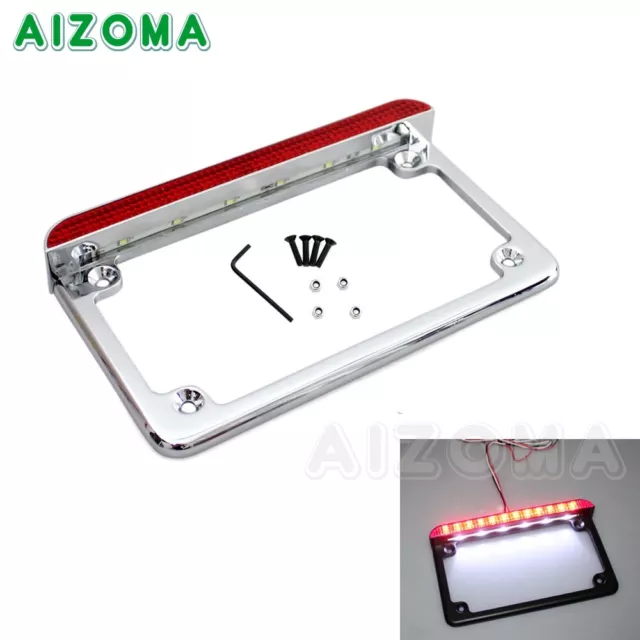 Chrome Motorcycle License Number Plate Frame Holder Bracket with LED Brake Light