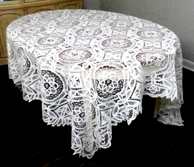 Victorian Tape Lace Tablecloth Cotton 104x88" Ornate Geometric Handwork, Antique