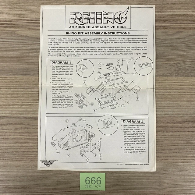 WARHAMMER 40,000 ROGUE Trader Space Marines Rhino Instruction Sheet