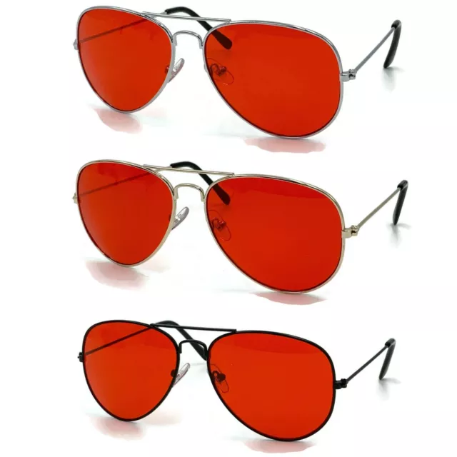 70's Glasses Red Tint Lens Aviator Sunglasses Pilot Classic Silver Metal Frame