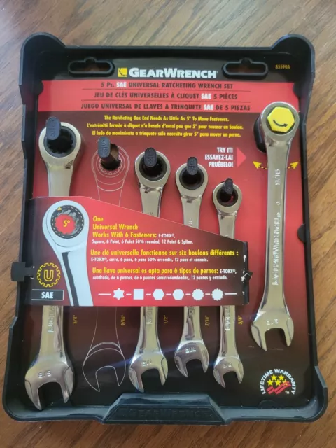 GearWrench 5 Pc. SAE Universal Ratcheting Combination Wrench Set 85590A (NEW)