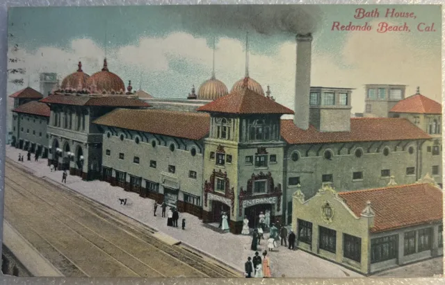 Redondo Beach CA Bath House Vintage Postcard Street View Smoke Stack