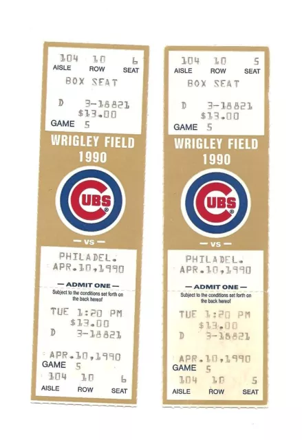 Chicago Cubs vs Philadelphia Phillies Unused Baseball Tickets from 4/10/1990