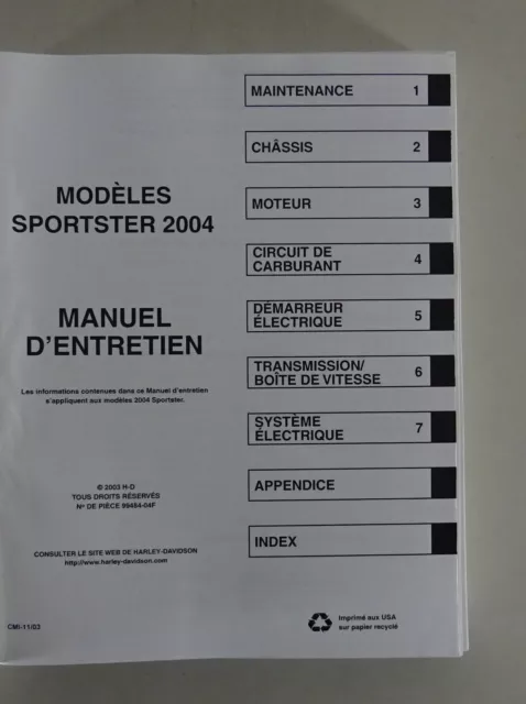 Manuel d'atelier Harley Davidson Sportster modèles 2004 Version 11/2003 2