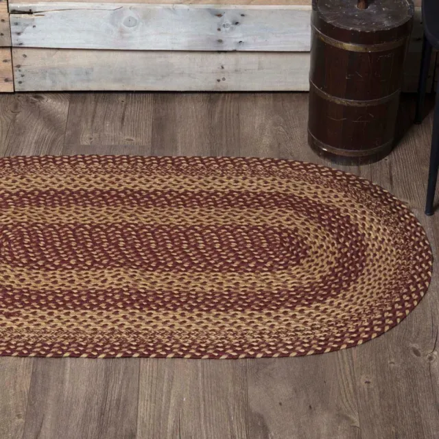 Eco-Friendly Oval Braided Rug Burgundy Tan Country Farmhouse with Non-Slip Pad