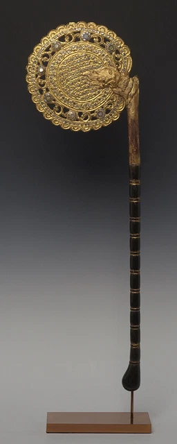 19th Century, Mandalay, Antique Burmese Wooden Fan with Gilded Gold and Glass