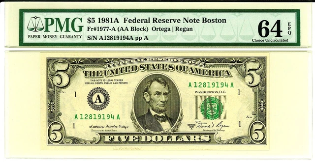 1981A $5 Federal Reserve Note - PMG 64 EPQ - CU - Boston - 1977-A - Scarce FRN