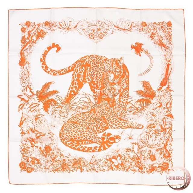 HERMES Carre 90 Silk Scarf JUNGLE LOVE TATTOO White/Orange Rare Near Mint F/S