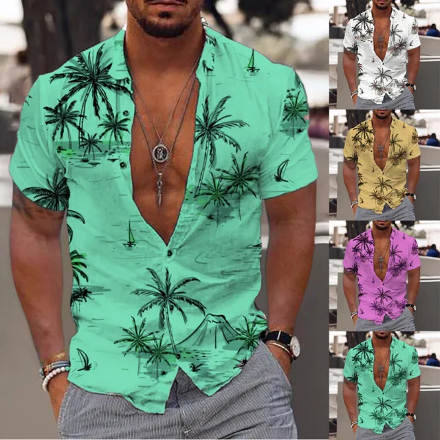 Short Sleeve Men Tops Blouse Tee Coconut Tree Shirt Fashion Beach Casual Loose -