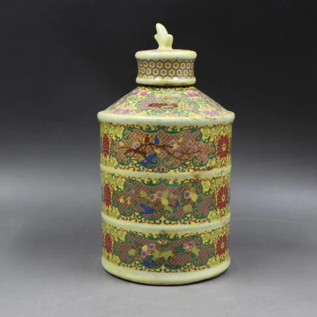 Chinese Yellow Enamel Porcelain Pot Qing Yongzheng Flowers Design Tea Caddy 9.1"