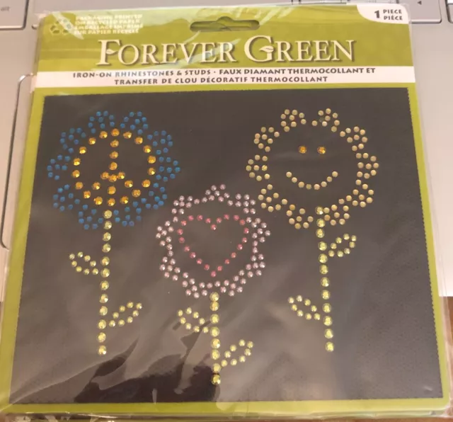 FOREVER GREEN  FLOWERS  Iron-On Rhinestones & Studs Applique Transfer