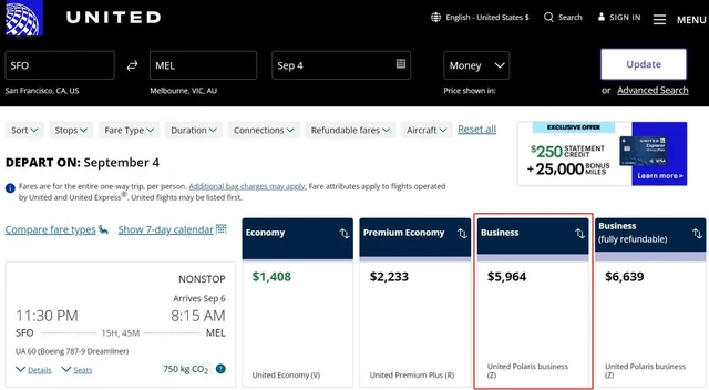San Francisco to Melbourne United Airlines 2023 Sep 4 one way Business Class