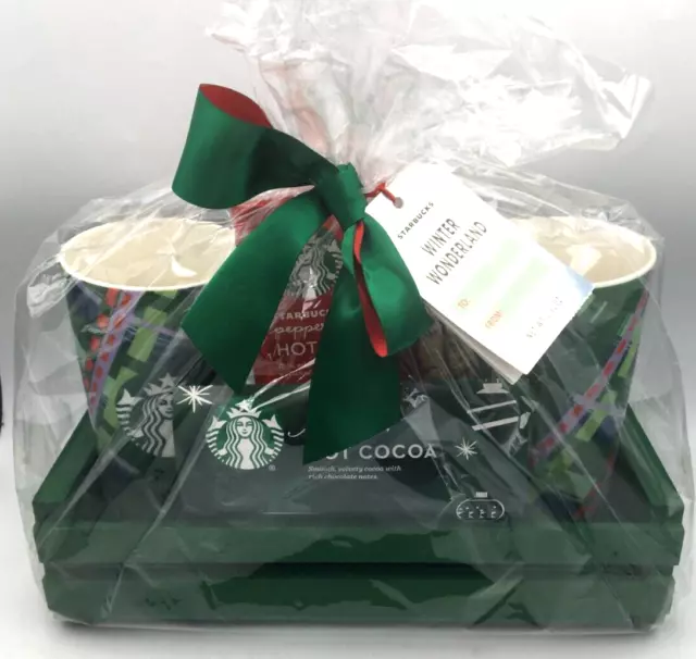 Starbucks Winter Wonderland Christmas 2 Mugs, Cocoa, Straw, Tray Collectible New