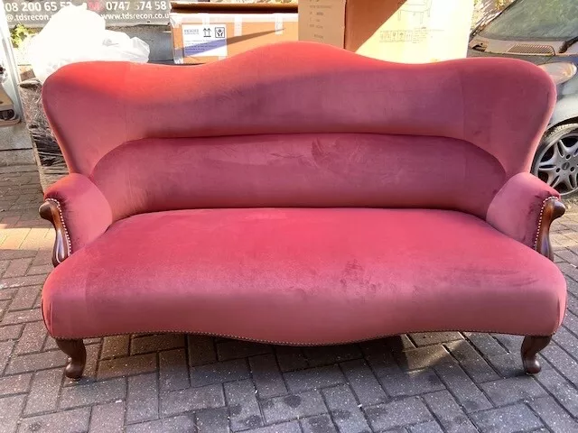 Victorian French Napoleon III Style Curved Rose Velvet Sofa Lovingly Restored