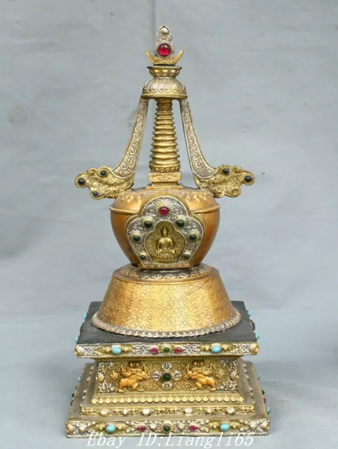 13'' Old Tibet Bronze Gilt Inlay Gems Shakyamuni Buddha Niche Stupa Pagoda Tower