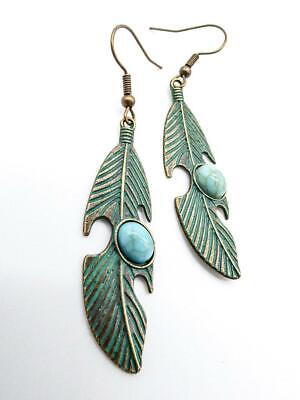 UNIQUE Rustic Antique Gold Blue Patina Leaf Turquoise Bead Dangle Earrings