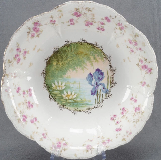 Rosenthal Purple Iris Water Lilies Pink Rose & Gold Large Bowl Circa 1891 - 1906
