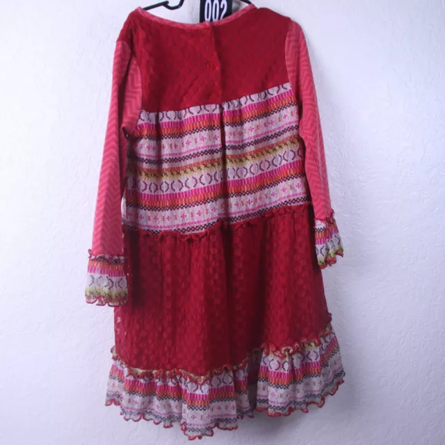 Rare Editions Boho Dress Girls 6x Red Lacey Ruffle Long Sleeve Chevron Patterned 2