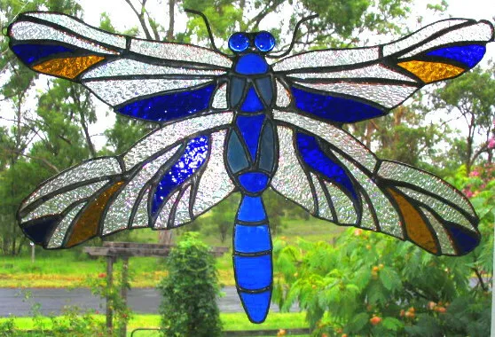 COBALT BLUE & AMBER CRYSTAL DRAGONFLY huge Hand Crafted STAINED GLASS SUNCATCHER