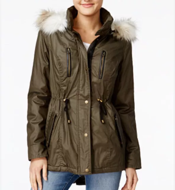 AMERICAN RAG Women's Size S OLIVE COATED PARKA COAT w/ Faux Fur Trim Hood