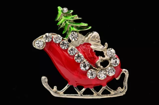 Christmas Pin Brooch Santa Claus Sleigh Red Enamel Rhinestone Crystal  BinAP