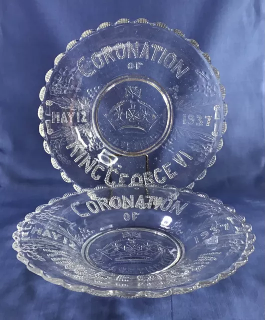 Pair Of Vintage KING GEORGE VI Coronation 1937 Commemorative Glass Plates VGC