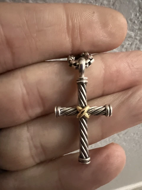 Men's Cable Cross Pendant in Silver with 18K Gold, 35mm And 22 In Necklace.