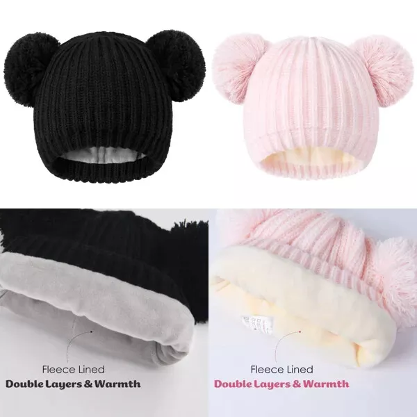Toddler Winter Warm Double Artificial Fur Pom Pom Chunky Knit Beanie Ski Hat Cap