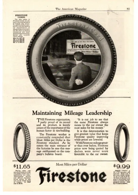 1922 Firestone Tire Factory Worker Cord Tires "More Miles Per Dollar" Print Ad