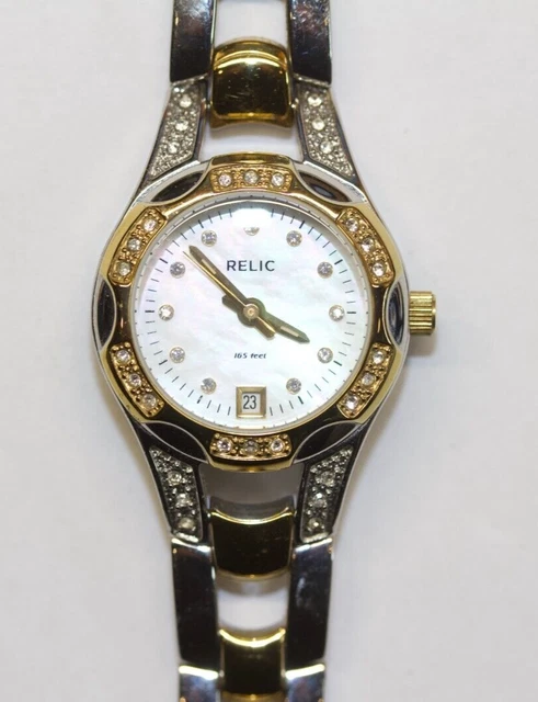 Relic Watch Women Silver Gold Two Tone Date Round MOP Dial New Battery 6.5"