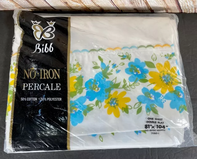 Vtg Bibb Floral Border No-Iron Percale Full/Double Flat Sheet 81x104 USA ~ NEW