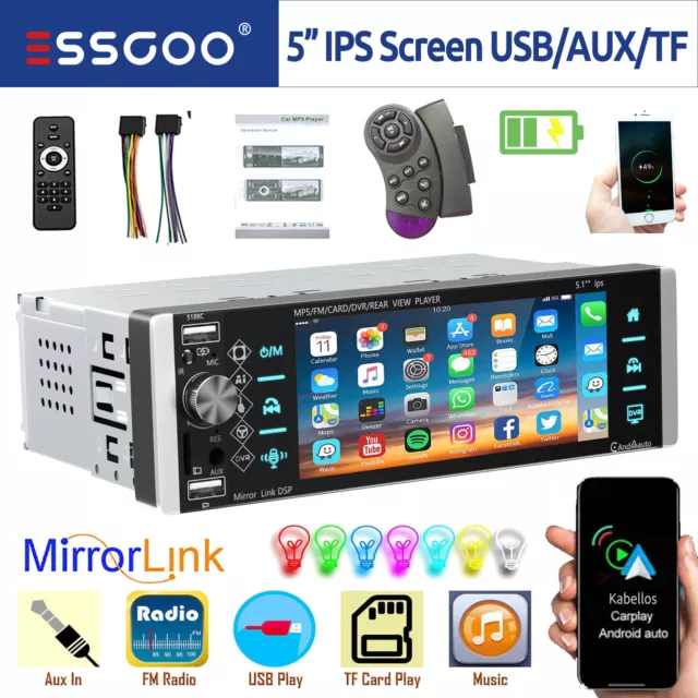 Autoradio 1 DIN Con 5" Schermo Senza Fili Carplay Android Auto USB Bluetooth AUX