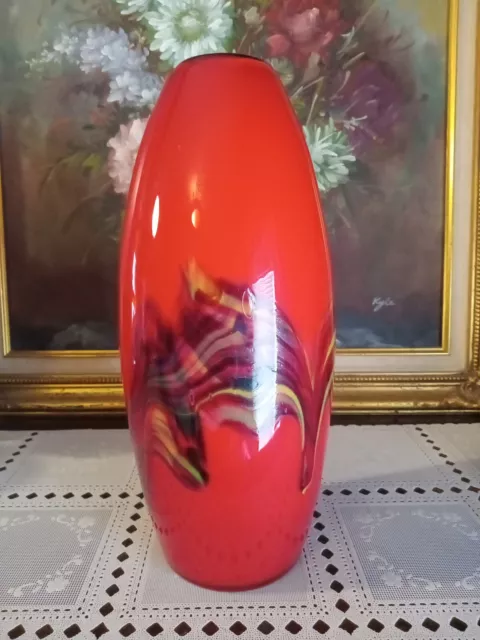 Nice Hand Blown Contemporary Art Glass Vase Red With Black And Yellow...