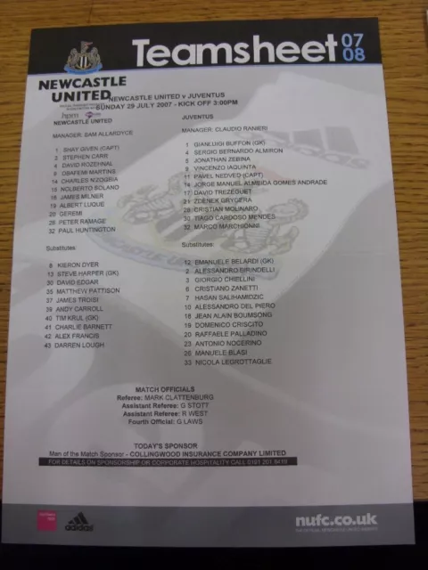 29/07/2007 Colour Teamsheet: Newcastle United v Juventus [Friendly] (folded). Th