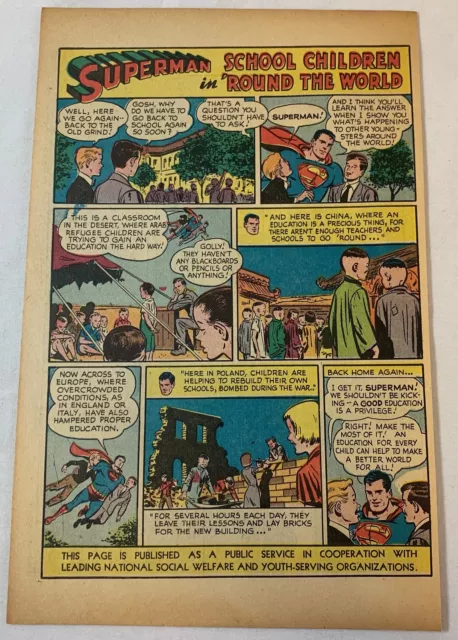 1950 Superman Cartoon PSA Ad Pagina ~ Scuola Bambini Rotondo il Mondo