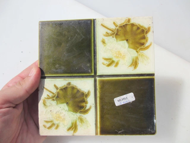 Antique Ceramic Tile Vintage Floral Art Nouveau Flowers Old Leaf