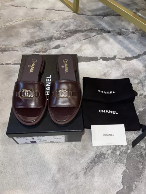 Chanel 23C Black Lambskin Leather CC Logo Slide Sandal Slip