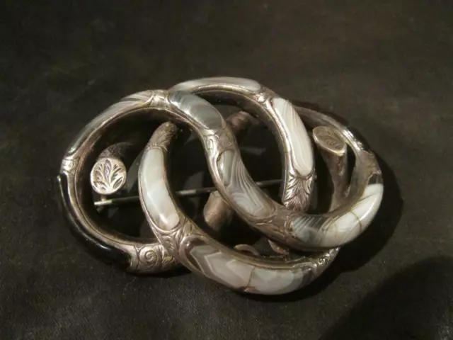 Beautiful Victorian Rare Large Solid Silver & Scottish Agate Knot Brooch,1880s