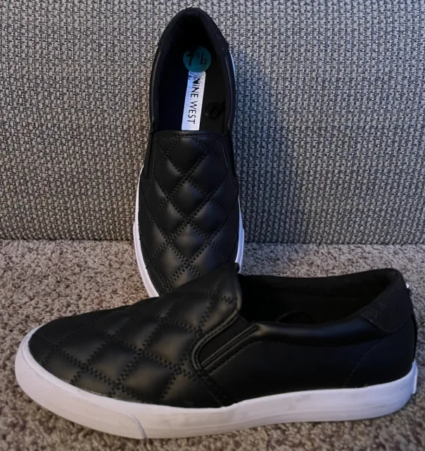 Nine West W N Lacie3 Shoes Size 7.5M Quilted Design Black Slip On Sneakers