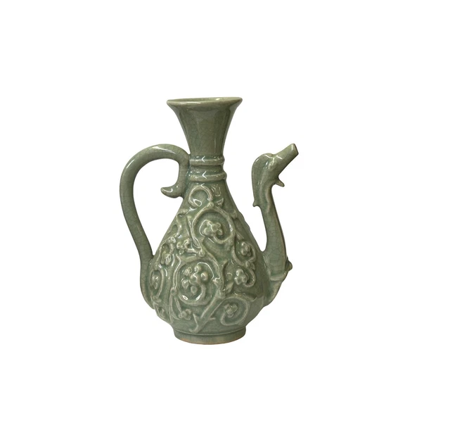 Vintage Chinese Celadon Green Ceramic Flask Shape Motif Vase Jar Display ws4832S Vintage Chinese Celadon Green Ceramic Flask Shape Motif Vase Jar Display ws4832S