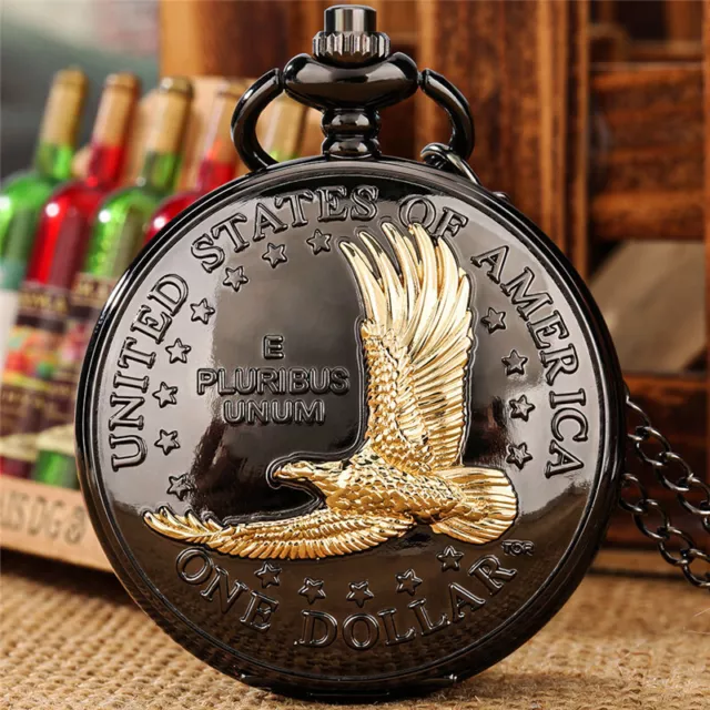 Black Roman Numerals Quartz Pocket Watch Gold Eagle Pattern with Chain Unisex